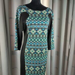 Touch Me Women's Blue, Green, Black Pattern Midi Dress Size 2XL